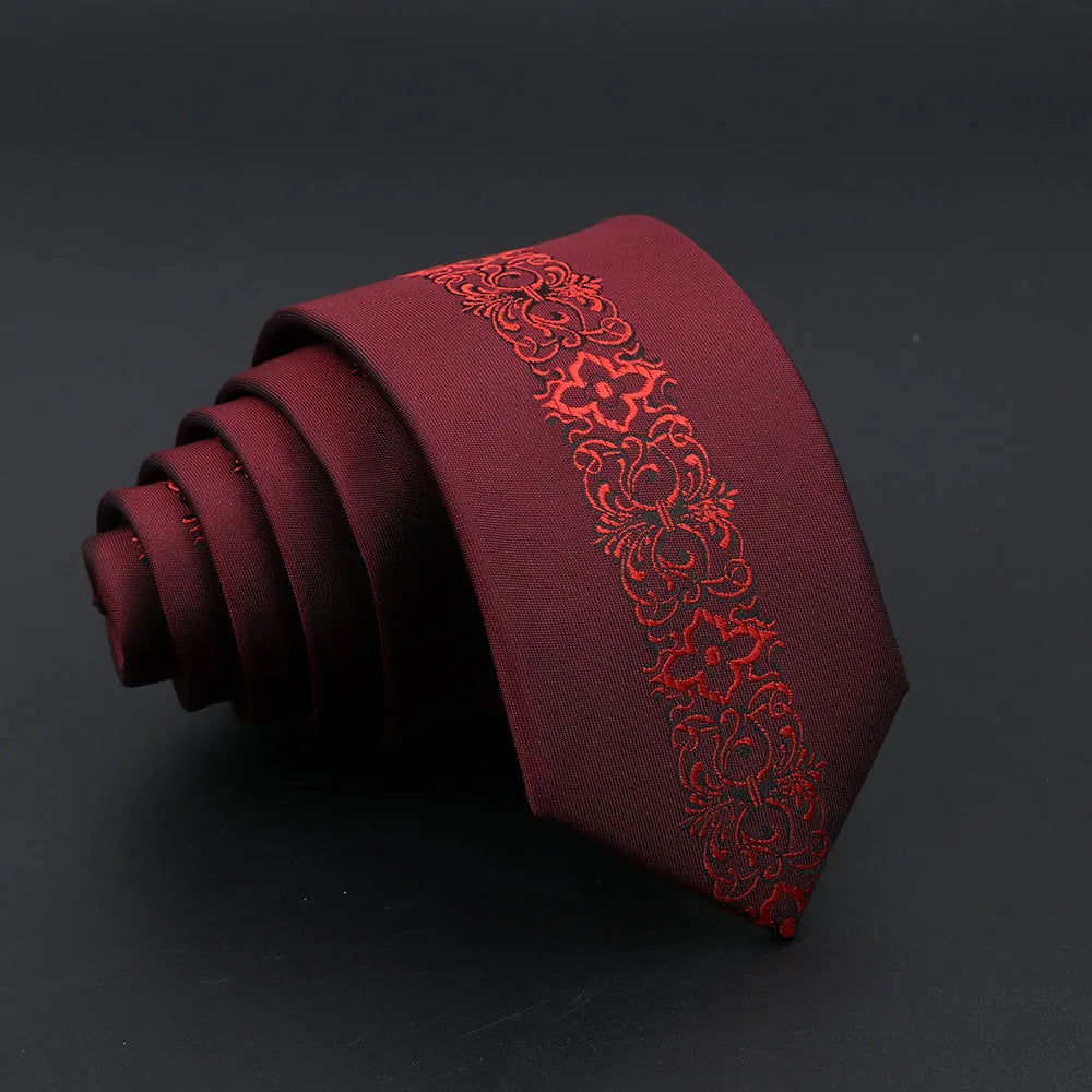 Jacquard Red Grey Necktie 6cm Floral Plaid Patchwork Polyester Male Skinny Party Business Tie Suit Shirt