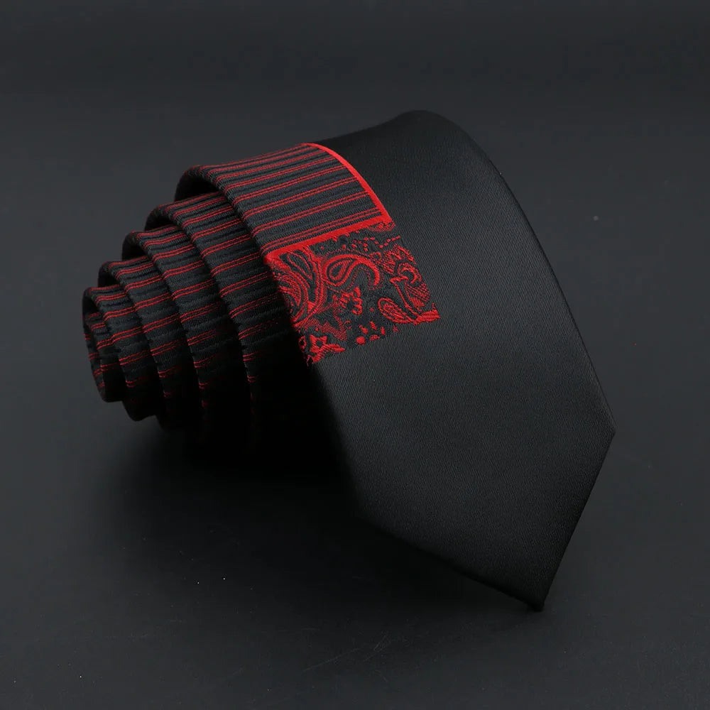 Jacquard Red Grey Necktie 6cm Floral Plaid Patchwork Polyester Male Skinny Party Business Tie Suit Shirt