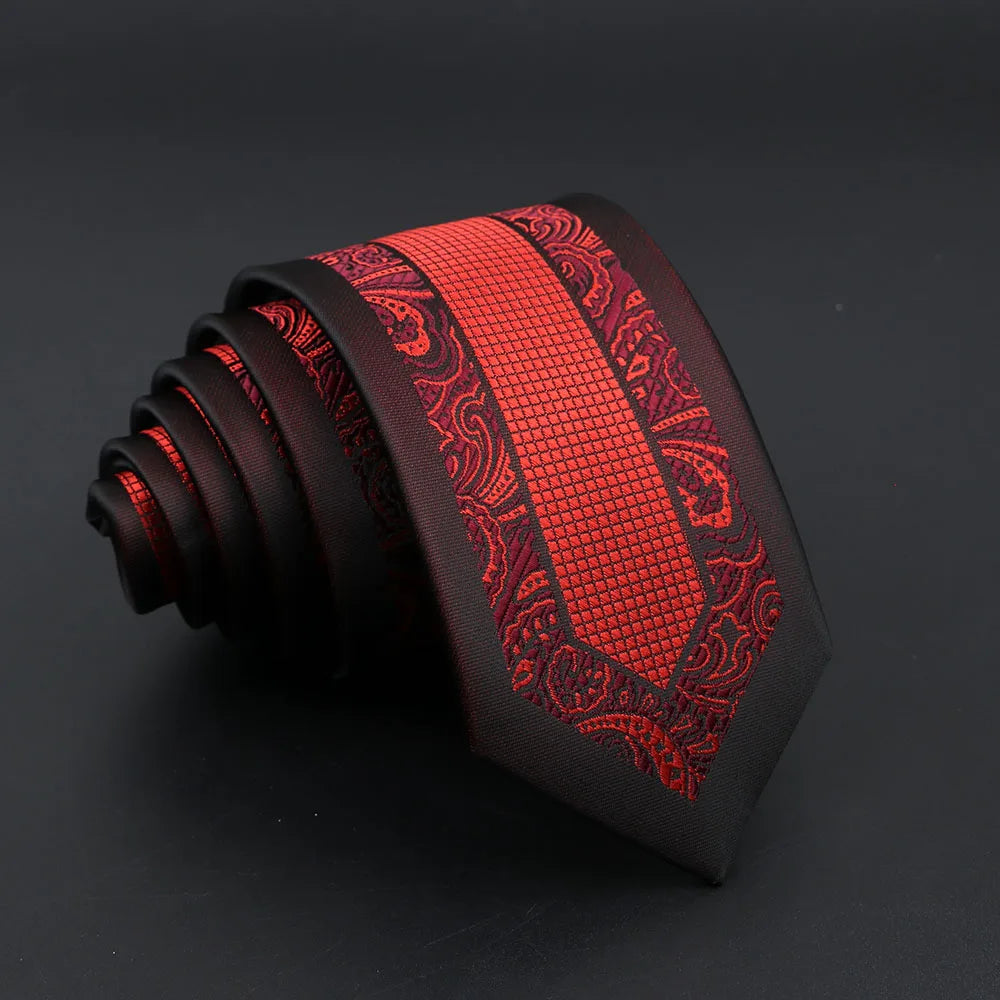 Jacquard Red Grey Necktie 6cm Floral Plaid Patchwork Polyester Male Skinny Party Business Tie Suit Shirt