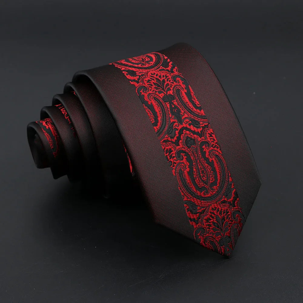 Jacquard Red Grey Necktie 6cm Floral Plaid Patchwork Polyester Male Skinny Party Business Tie Suit Shirt