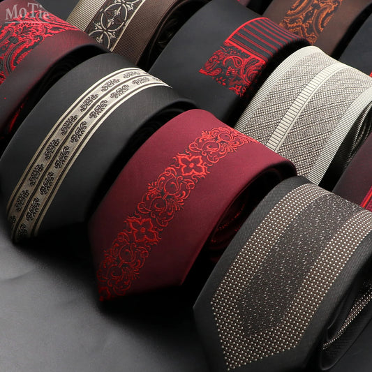 Jacquard Red Grey Necktie 6cm Floral Plaid Patchwork Polyester Male Skinny Party Business Tie Suit Shirt